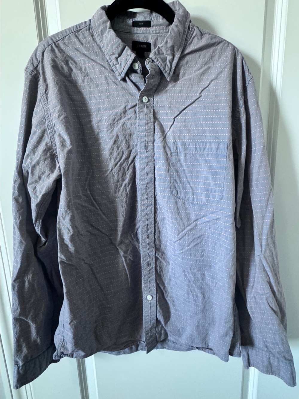 J. Crew Slim Button-Up Shirt in Gray with Pinkish-Red Stripe-Large